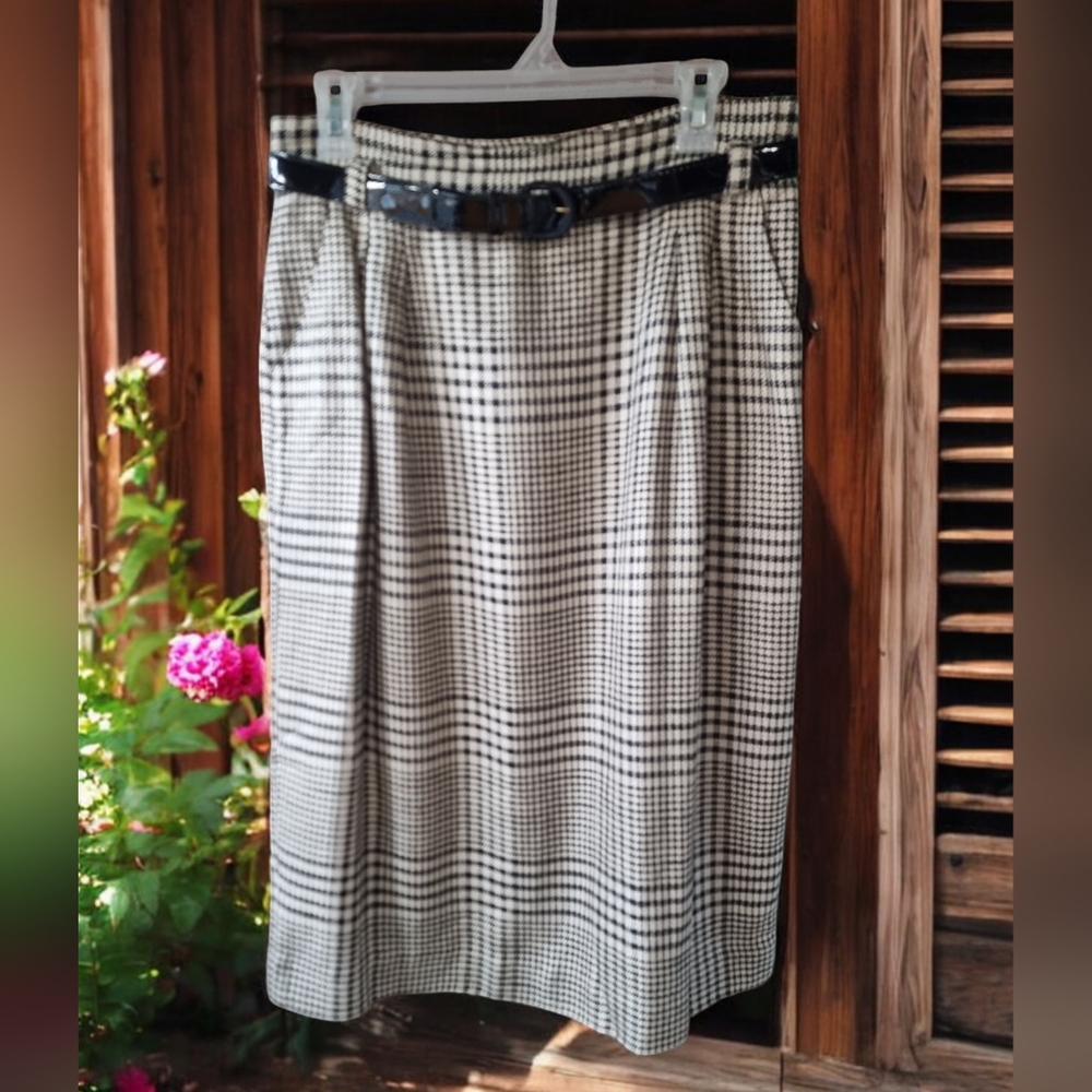 Vintage Heritage House Houndstooth Belted Pleated Lined Midi Skirt